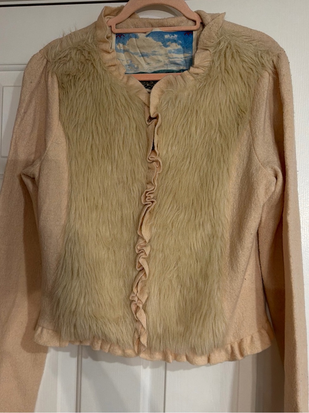 Anthropologie Cream Faux-Fur wool riffle trim jacket L